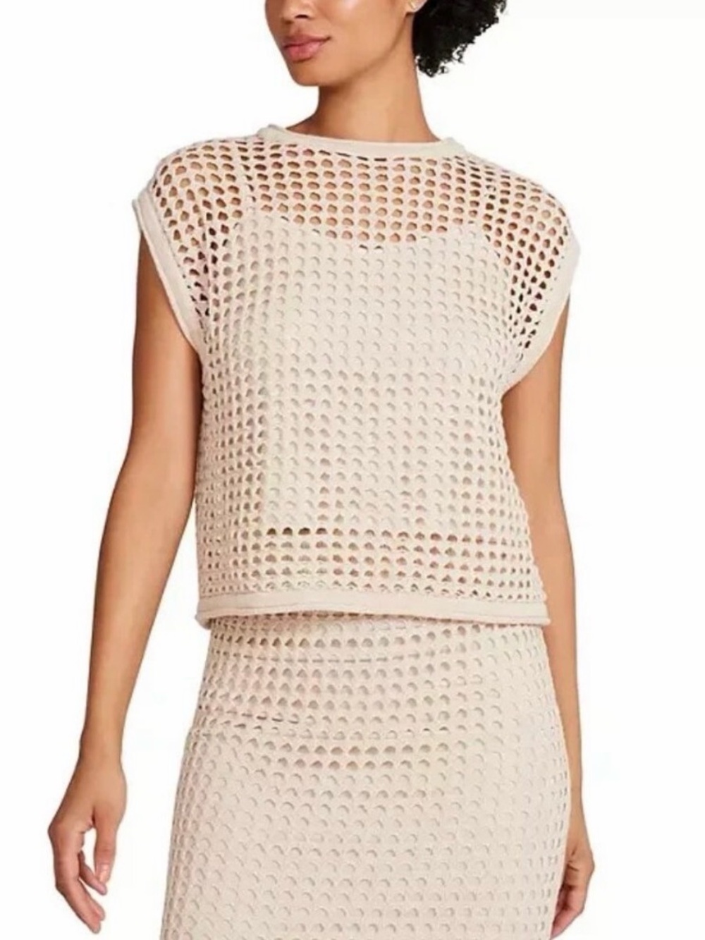 Steve Madden Crochet Open-Knit Sleeveless Mesh Top in Cream